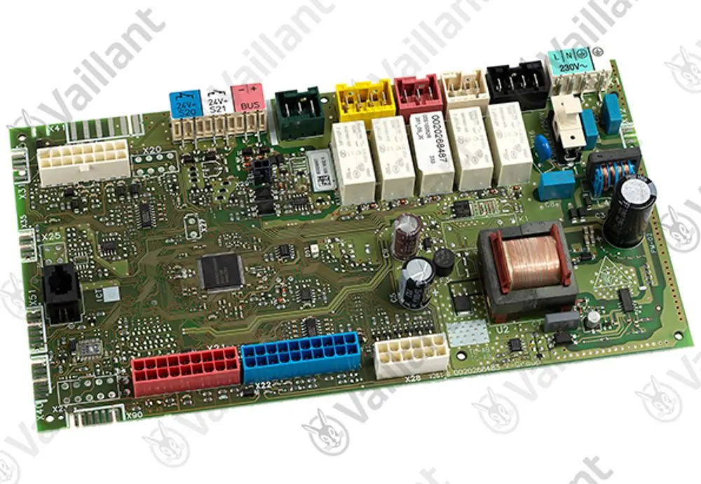Leiterplatte von Vaillant, bestückt mit verschiedenen elektrischen Komponenten, Steckerleisten und Relais, im klassischen PCB-Design ohne sichtbar erkennbare Maße oder Modellnummer.
